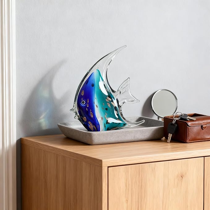 DOVDOV Hand-Blown Glass Fish Decorative Statues, Blue sea Glass Art Decor, Coastal-Themed Decor Suitable for Rooms, Offices, Coffee Tables, and TV Stands, Featuring Marine Animal Sculptures.