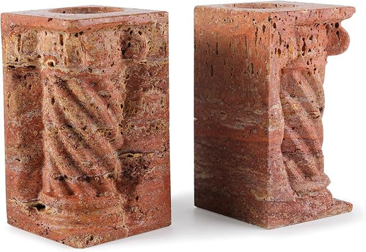 Decorative Roman Column Book Ends & Vase - Heavy Duty Marble Book Ends for Heavy Books, Vintage Home Office Decor, Dual Use as Flower Vase, Natural Stone Bookends for Shelves (2PC, Red)