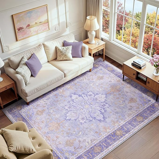RELEANY Area Rugs 6'x9' Washable Non-Slip, Floral Vintage Distress Print Pattern Medallion Carpet for Living Room Bedroom Dining Room, Light Purple Brown