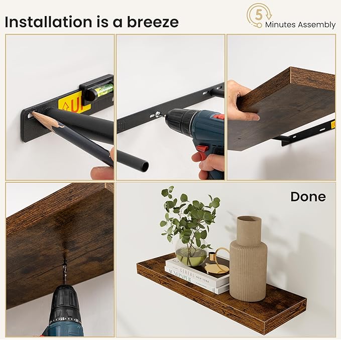 Fun Memories Floating Shelves for Wall, Rustic Wood Wall Mounted Shelves for Bathroom, Bedroom, Living Room and Kitchen, Storage & Home Decor (Set of 2, Brown, 30 in)