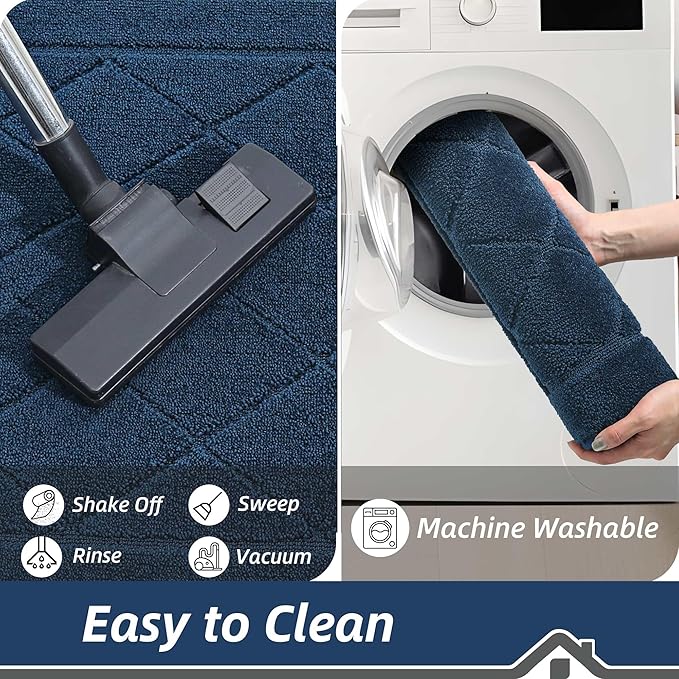 BEQHAUSE Dirt Trapper Door Mat 32" x 72", Doormat Non-Slip Entryway Rugs Washable, Dog Door Mat Stain Resistant and Absorbent Welcome Floor Mat for Front Back Door, Mud Wet Shoes & Paws, Navy Blue