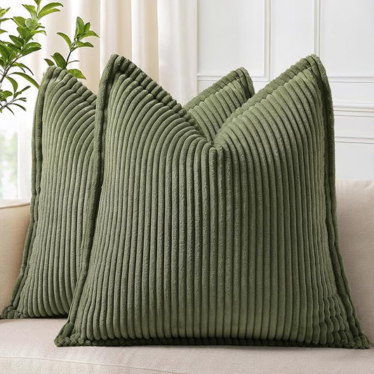 decorUhome Spring Corduroy Olive Green Throw Pillow Covers 16x16 Set of 2 Decorative Soft Boho Farmhouse Couch Pillow Covers for Living Room Bed Sofa Broadside Striped Pillow Cases