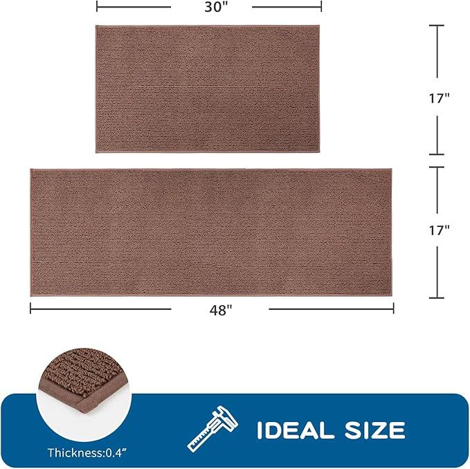PURRUGS Machine Washable Kitchen Rug Set [2 PCS] (17" x 30"+ 17" x 48"), Non-Slip/Skid Kitchen Runner Rugs & Floor Mats, Super Absorbent Soft Area Rugs for Sink, Kitchen & Laundry, Brown
