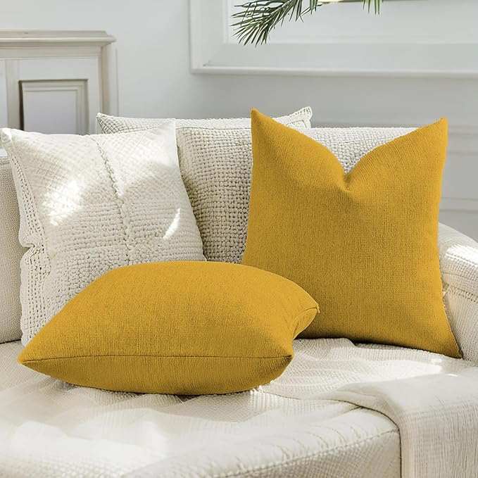 HAUSSY Mustard Yellow Throw Pillow Covers 16x16 Inch Set of 2,Boho Decorative Faux Linen Throw Pillows Cozy Farmhouse Accent Cushion Covers,Home Decor for Couch Sofa Bed Living Room