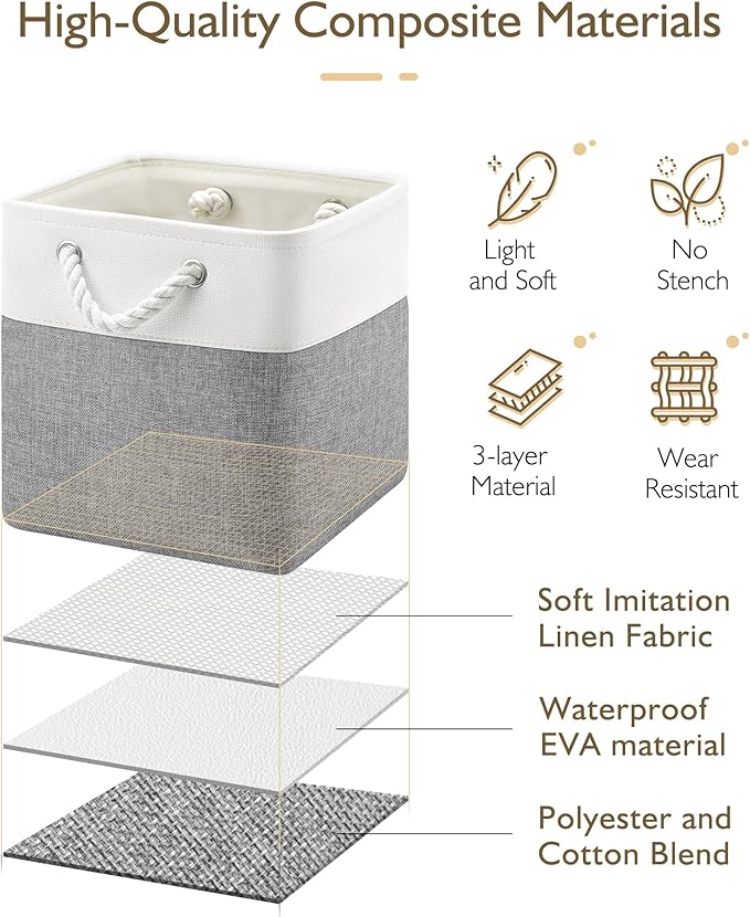 11 Inch Storage Cubes 4-Pack, Foldable Fabric Organizer Bins with Rope Handles, Cube Storage Baskets for Closet Shelves and Home Organization(White/Gray)