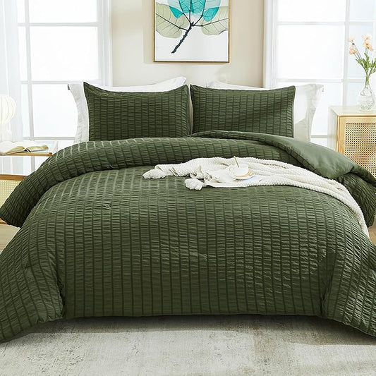 AveLom Dark Olive Green Seersucker Full Comforter Set (80x90 inches), 3 Pieces-100% Soft Washed Microfiber Lightweight Comforter with 2 Pillowcases, All Season Down Alternative Bedding Set