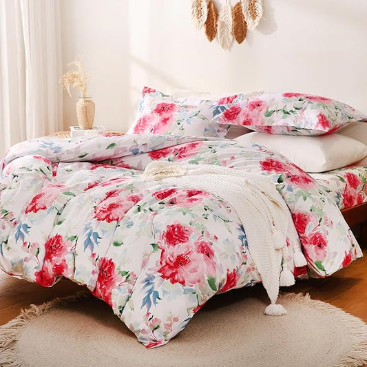JSD Rose Floral Duvet Cover Set King Size, 3 Piece Soft Printed Microfiber Comforter Covers Zipper Closure