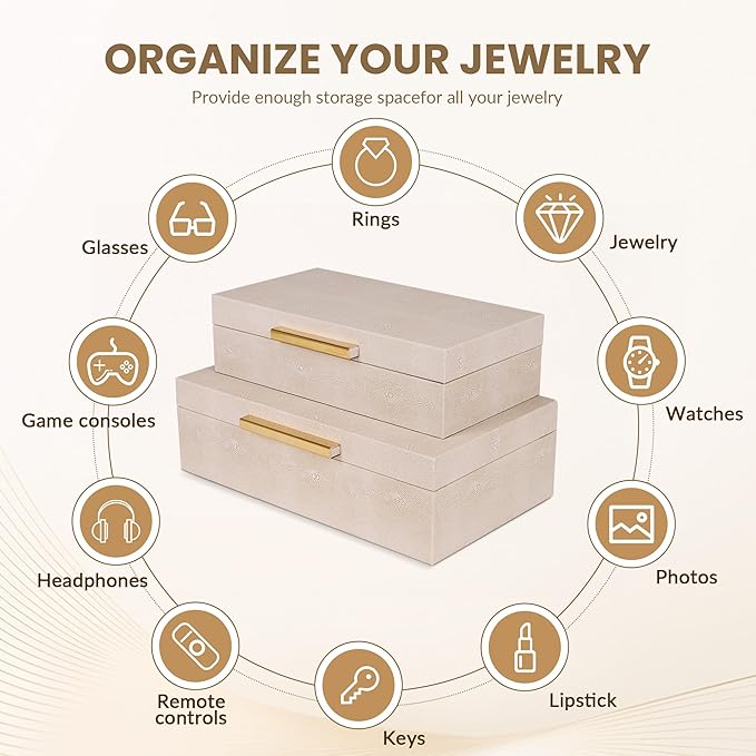 Hanna Roberts Faux Leather Stackable Nesting Jewelry Box with Lids Organizer – Set of 2 Beige Shagreen Decorative Storage Boxes with Gold Metal Handles