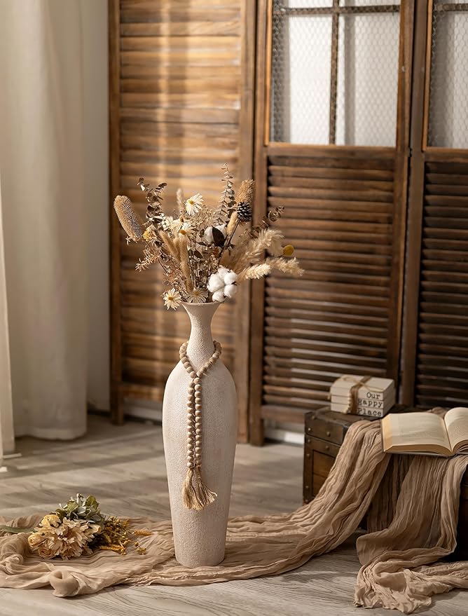 Sziqiqi Metal Tall Floor Vase: 23.2in Large Boho Vase for Pampas Grass - White Slender Decorative Vase Big Standing Rustic Farmhouse Flower Holder for Living Room Indoor Fireplace Home Decor Corner
