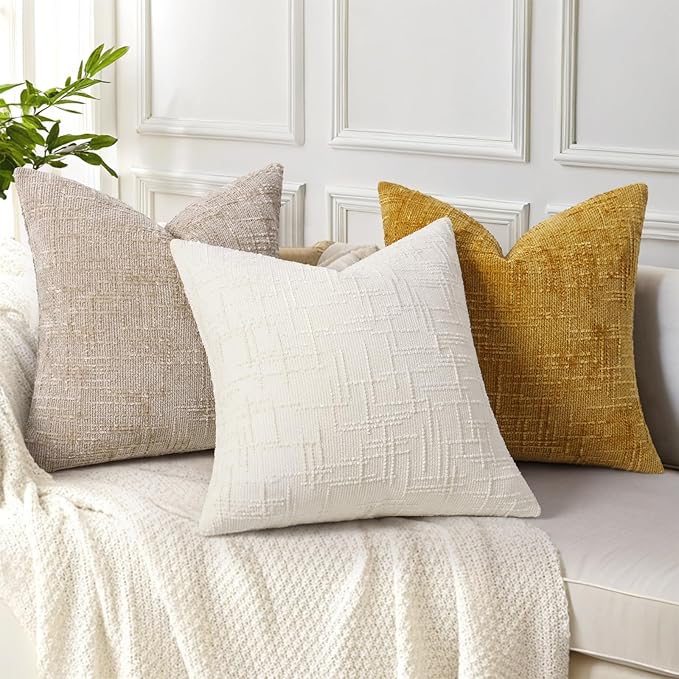 decorUhome Spring Cream White Chenille Throw Pillow Covers 20x20 Set of 2 Textured Slubby Couch Pillow Covers Farmhouse Accent Modern Neutral Decorative Pillow Cases for Bed Sofa Living Room