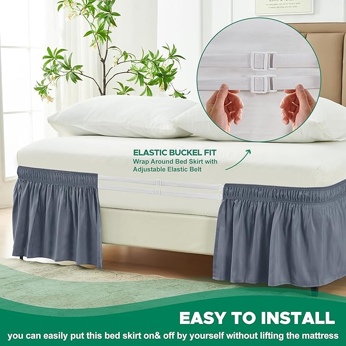 Biscaynebay Wrap Around Bed Skirts for Twin & Twin XL Beds Short Drop of 12", Dark Grey Adjustable Elastic Dust Ruffles Easy Fit Wrinkle Resistant Silky Luxurious Fabric Machine Washable