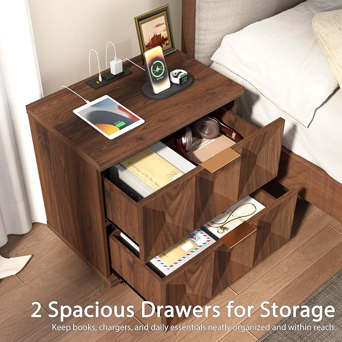 Yechen 23.6" Walnut Nightstand with 20W Faster Charging Station, Modern Bedside Table with 3D Geometric Drawers Front Panel, Wood 2 Drawer Night Stand with Storage, Accent End Table for Bedroom