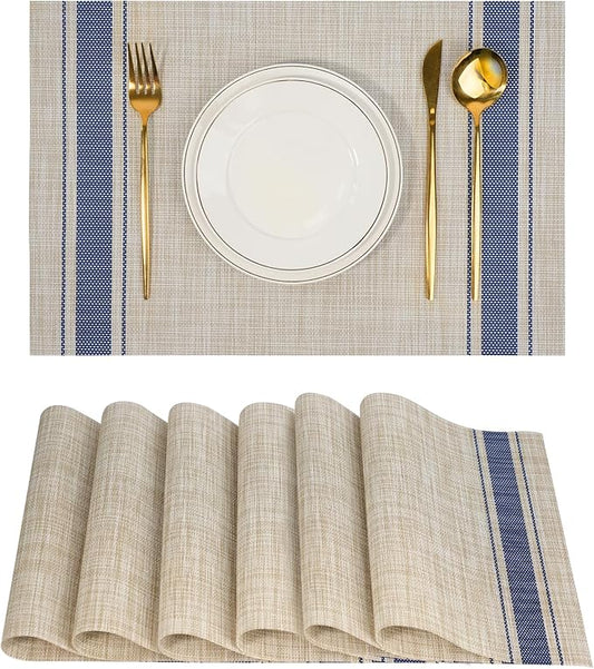 Placemats Set of 6，Non-Slip PVC Weave Table Mats Easy to Clean，Heat Resistant Place Mats for Kitchen Dining Table Decoration Indoor Outdoor，Khaki Blue
