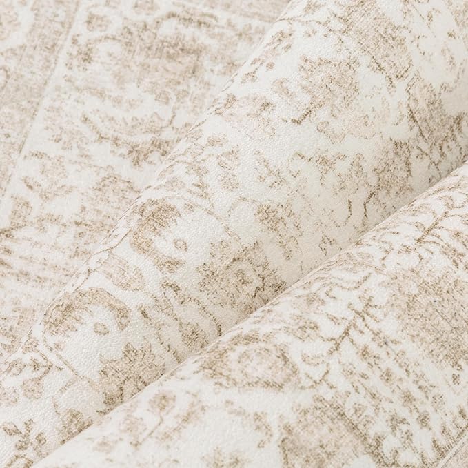 PureCozy Beige Area Rug 5x8 Machine Washable Vintage Living Room Distressed Non Slip Carpet Traditional Indoor Bedroom Retro Floral Accent Throw Large Rug for Office Kitchen Bathroom Dining Room