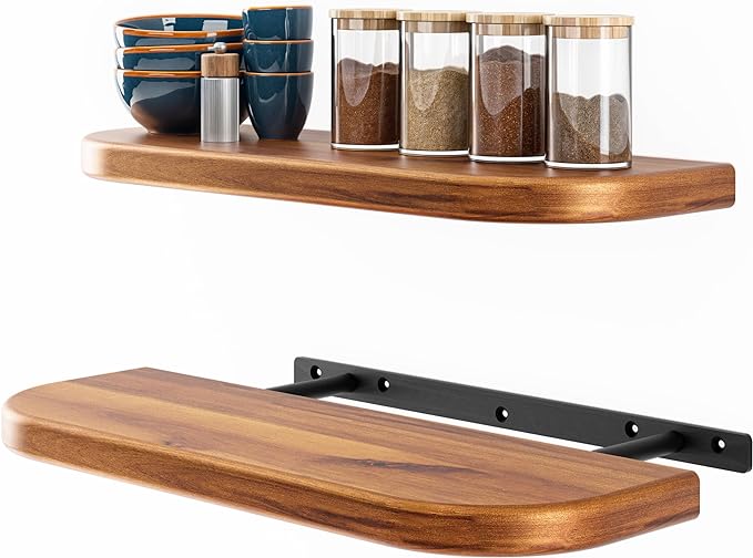 BATODA 17" Acacia Wood Floating Shelves Wall Mounted (Round Edge) – Rustic Farmhouse Wooden Wall Storage Shelf for Bedroom, Kitchen - Brackets and Shelving Hardware Included (Acacia Color)