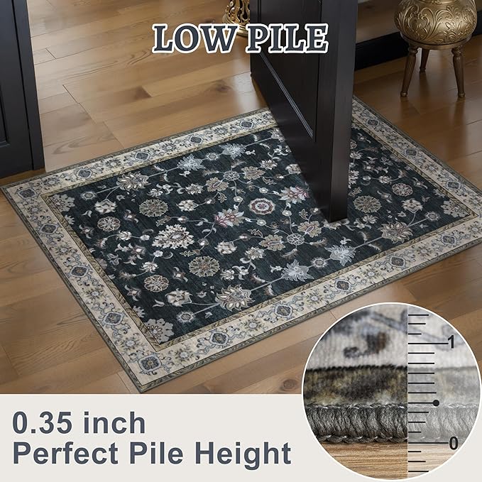 Tangsoo 2.6x8 Hallway Runner Rug, Floral Vintage Washable Non-Slip Runner Rug for Hallway Entryway Indoor, Black Print Carpet,Soft Low Pile Long for Kitchen Bedroom