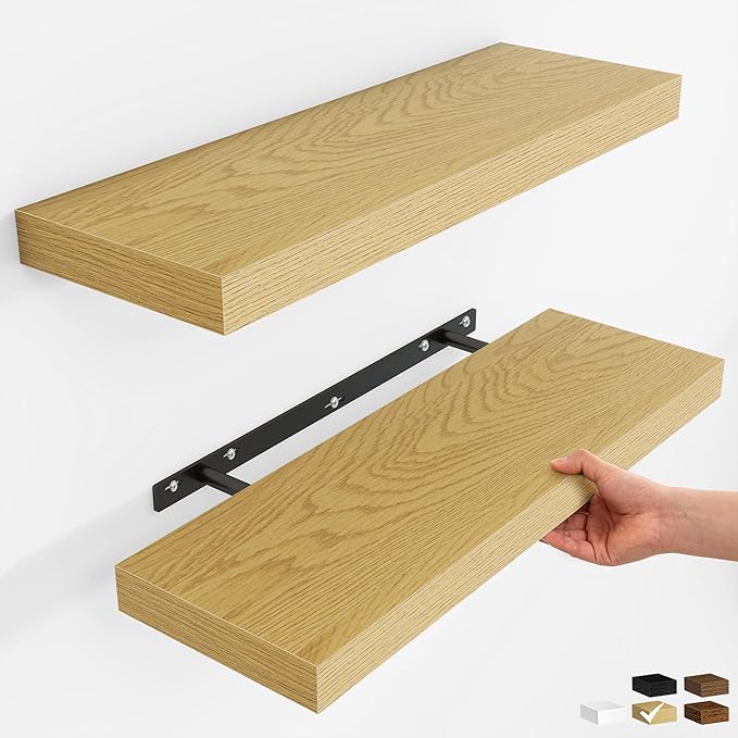 Fun Memories Rustic Wood Floating Shelves for Wall, Space-Saving Wall Mounted Shelves for Bathroom, Bedroom, Living Room and Kitchen, Stylish Storage & Display (Set of 2, Oak, 24 in)