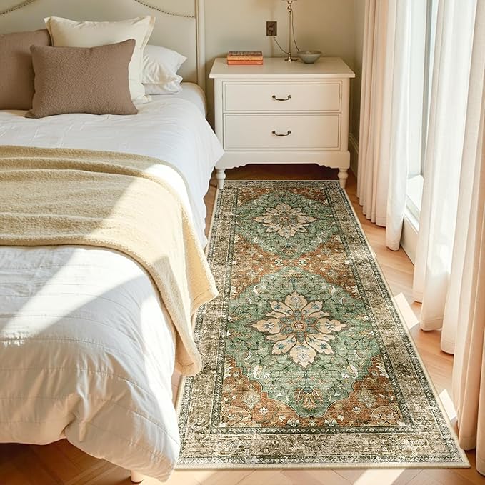 RELEANY Area Rugs 3'x7' Washable Non-Slip, Floral Vintage Distress Print Pattern Medallion Carpet for Living Room Bedroom Dining Room, Brick Red Rust Neutral Brown Burnt Orange Green