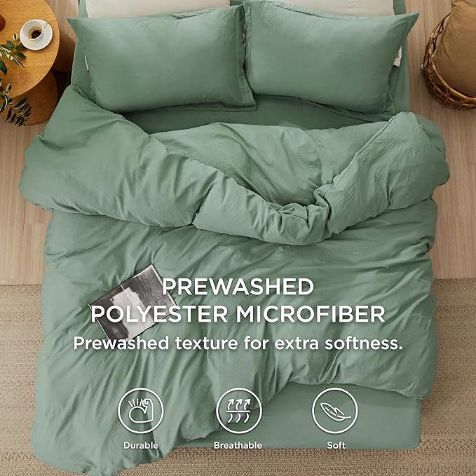 Bedsure Duvet Cover Full Size with Fitted Sheet - 4 Pieces Prewashed Cotton-Like Extra Soft Bedding Set, Includes 1 Duvet Cover 80x90 Inches, 2 Pillow Shams, 1 Fitted Sheet, Sage Green