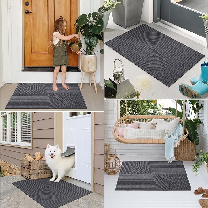 PLEASOR Front Door Mat Outside Entrance, Dirt Resistant and Absorbent Welcome Door Mat Outdoor Indoor,Sturdy Non-Slip Backing Entry Mat, Low Profile Doormat for Entryway, 60x36, Grey