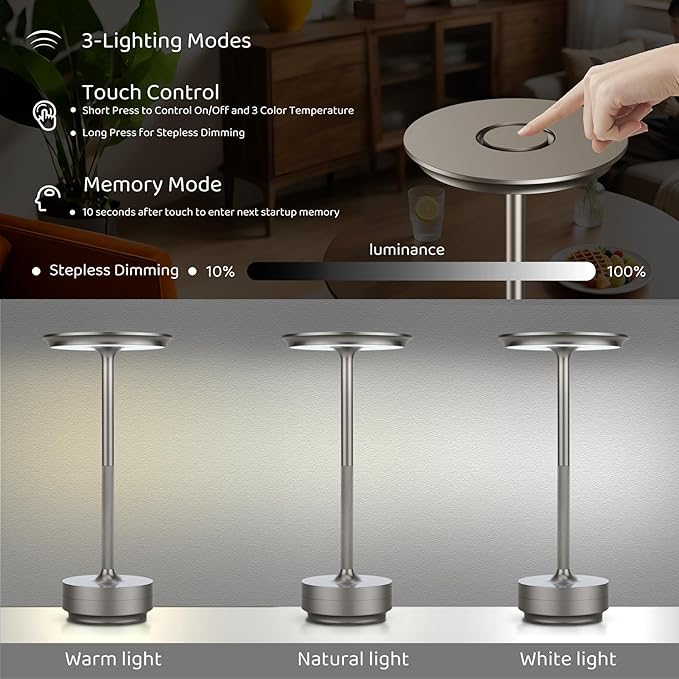 2-Pack Cordless Table Lamps Rechargeable - 5000mAh Battery Operated LED Table Light with Touch Stepless Dimming - Portable Silver Metal Outdoor Lamps for Patio, Restaurant, Dining