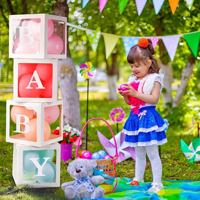 Baby Boxes With 4 pcs Letters White Clear Balloon Box Blocks for Baby Shower and Birthday Party