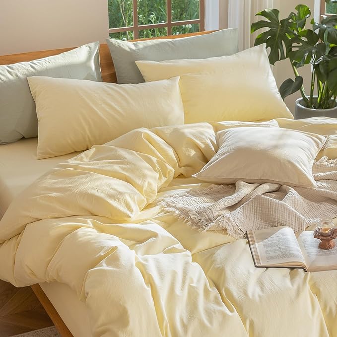 MooMee Bedding Duvet Cover Set 100% Washed Cotton Linen Like Textured Breathable Durable Soft Comfy (Heathered Butter Yellow, Super Queen 90"x98")