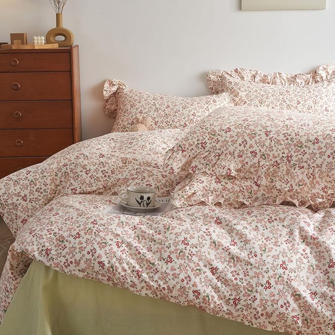 Girls Pink Floral Duvet Cover Full Size Cute Pink Red Flower Duvet Cover 100% Cotton Aesthetic Floral Bedding Set Botanical Flower Cottagecore Comforter Cover with Ruffle Pillowcases for Teen Girls