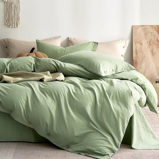 JELLYMONI 100% Washed Cotton Duvet Cover Twin – Soft, Breathable Linen-Look Bedding with Natural Wrinkle Texture, Button Closure, 2-Piece Set (Mint Green, 68"x90")
