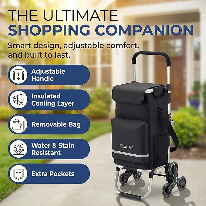 Stair Climbing Shopping Cart for Seniors, Tri-Wheel Grocery Cart for Stairs & Apartments, Foldable Utility Trolley with Insulated Cooler & Adjustable Handle, 110 lbs, Waterproof