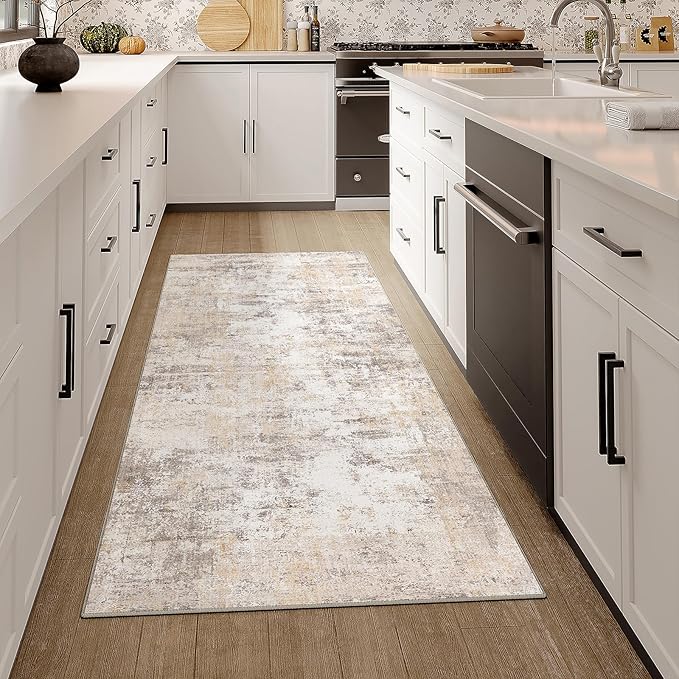 WondRg 2x5 Washable Runner Rug Beige Grey Abstract Hallway Kitchen Throw Rug Neutral Modern Non Slip Soft Low Pile Carpet for Bathroom Laundry Bedroom Living Room
