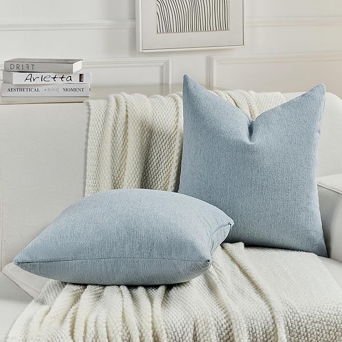FUTEI Denim Blue Chenille Decorative Throw Pillow Covers 24x24 Inch Set of 2,Soft Cozy Faux Linen Textured European Pillow Shams,Farmhouse Home Decor for Couch Living Room