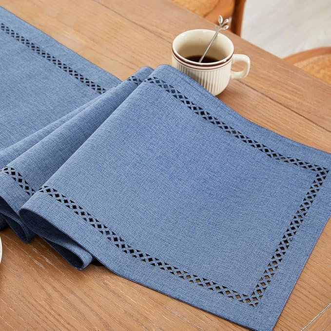 Burlap Style Farmhouse Table Runner, 13 x 108 Inch Blue, Rustic Geometric Hollow Table Runners 108 Inches Long for Dresser Table Everyday Use, 13x108 Inches, Blue