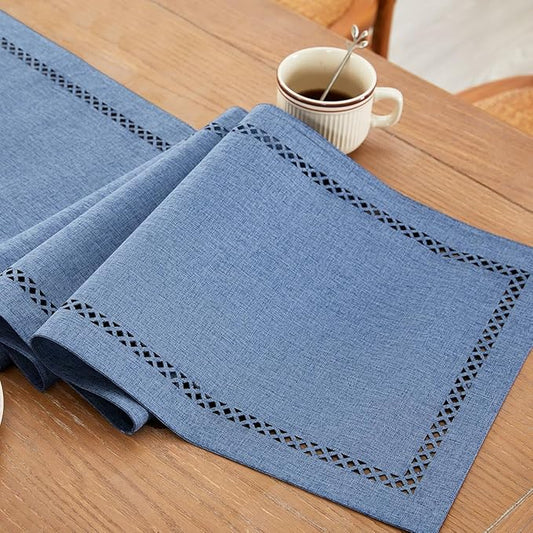 Burlap Style Farmhouse Table Runner, 13 x 60 Inch Blue, Rustic Geometric Hollow Table Runners 60 Inches Long for Dresser Table Everyday Use, 13x60 Inches, Blue