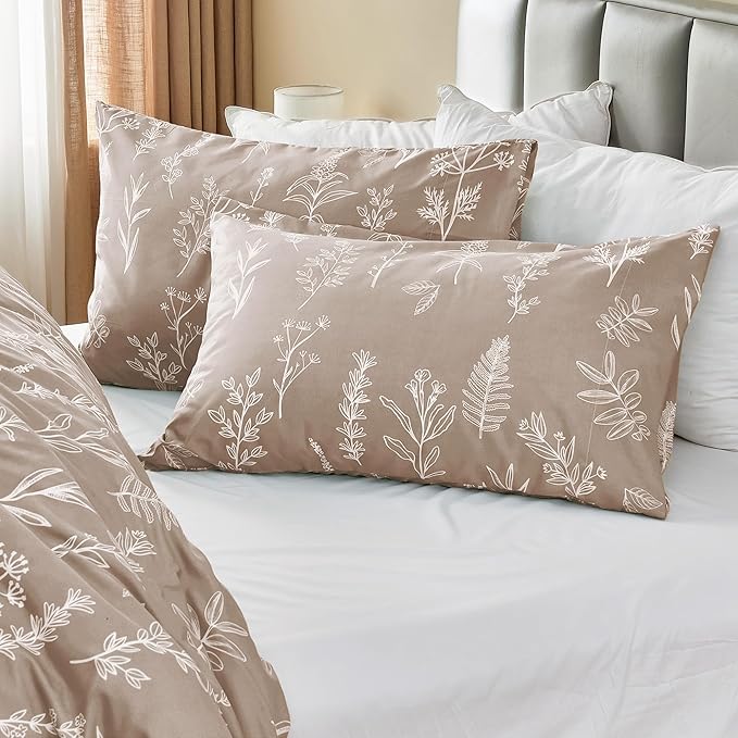 MUXHOMO Duvet Cover Queen Size, Reversible Floral Taupe Duvet Cover Set with Zipper Closure, 3 Pieces Botanical Patterns Soft Microfiber Bedding Set with 4 Ties (90"x90", 2 Pillow Cases)