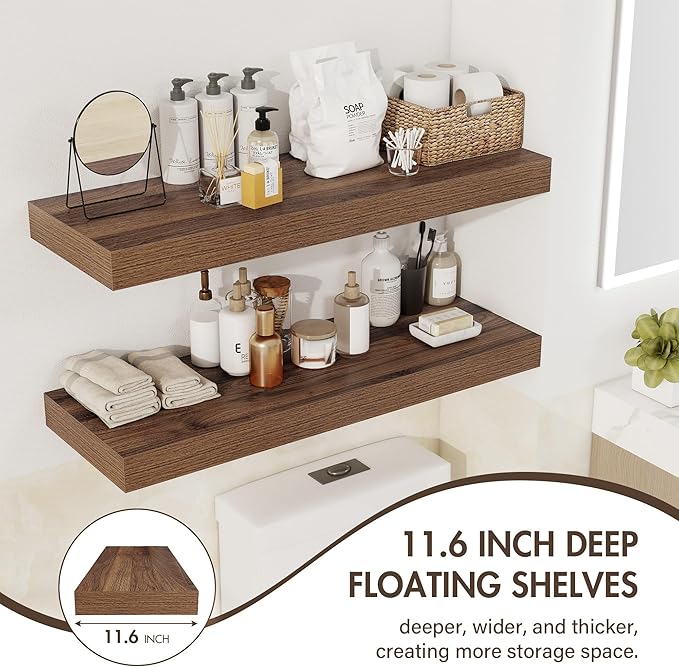24 Inch Floating Shelves, 12" Deep Floating Shelf Wall Mounted, 24" Wall Shelves, Rustic Deep Bookshelf, Extra Deeper & Thicker Display Shelves for Bedroom, Living Room, Walnut, Set of 2