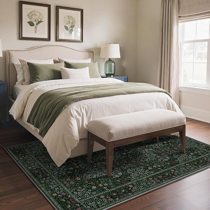 GENIMO 5x7 Area Rug for Living Room, Washable Vintage Floral Low-Pile Non-Slip Carpet for Bedroom Dining Room, Stain Resistant Botanical Accent Rug (Dark Green)