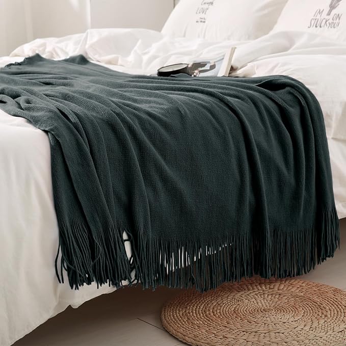Homiest Decorative Knitted Throw Blanket With Fringe, Lightweight Acrylic Knit, Soft & Cozy Tassel for Couch Sofa Bed (Charcoal Grey, 50 x 60 Inch)