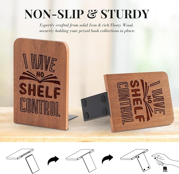 Book Lovers Gifts, Novelty Bookends Unique, Gifts for Book Lovers, Heavy Duty Wooden Book Ends for Shelves Decorative(1 Pair, 4.72x6.69 Inches) - No Control