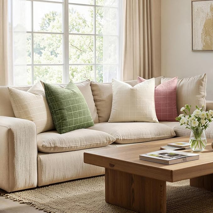MIULEE Decorative Chenille Check Throw Pillow Covers Vintage Plaid Couch Pillows 20x20 Inch Set of 2 Neutral Boho Farmhouse Cushion Covers Modern Spring Decor for Sofa Bed Living Room Grass Green