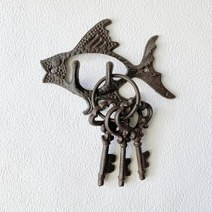 Rustic Fish-Shaped Decorative Wall Hook Rack Hangers for Hanging Clothes, Coats, Towels, Keys, and Hats, 1 Pack Antique Cast Iron Mounted Wall Hooks