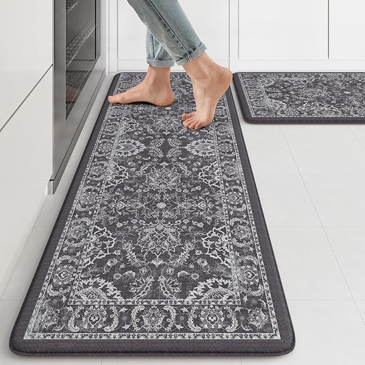 KIMODE Comfort Kitchen Mats for Floor Cushioned Anti Fatigue 2 Piece,Boho Floral Kitchen Rugs Non Slip,Waterproof Memory Foam Kitchen Mat Carpet for Laundry Office Home,Dark Grey 17"x29.5"+17" x47”