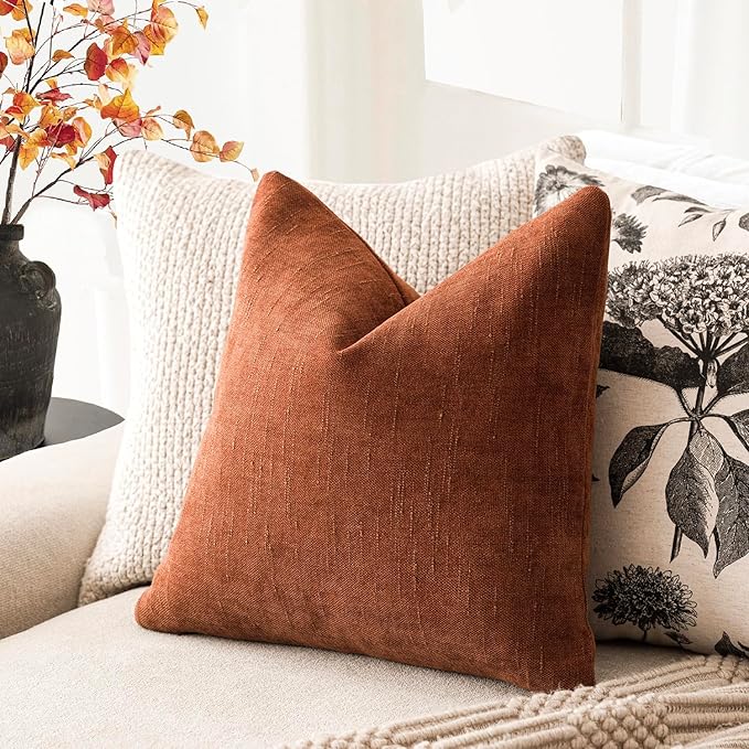 Foindtower Pack of 2 Soft Textured Throw Decorative Pillow Covers Square Accent Solid Cushion Cover Cozy Farmhouse Pillow Case with Zipper for Couch Sofa Bed Living Room 18x18 Inch, Burnt Orange