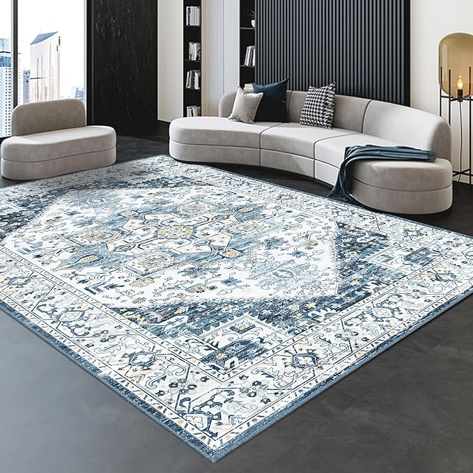 Fortsea 8x10 Area Rugs for Living Room, Machine Washable Non Slip Vintage Retro Rugs, Low Pile Lightweigt Chenille Print Indoor Rug for Bedroom, Dining Room, Home Office (Blue Gold Cream 8X10)…