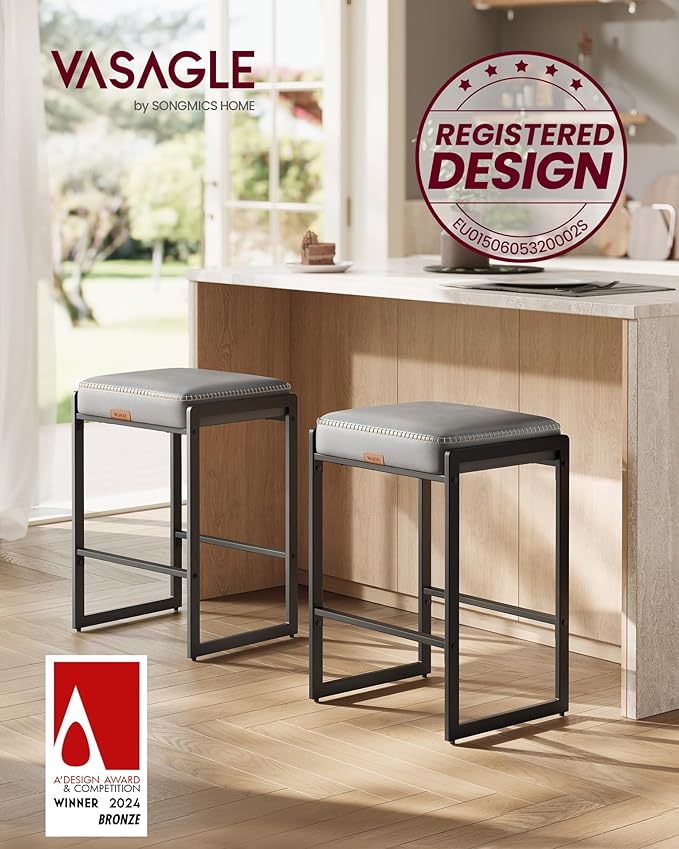 VASAGLE EKHO Collection - Bar Stools Set of 2, Counter Height Bar Stools, Synthetic Leather with Stitching, Mid-Century Modern Counter Stools, 26-Inch Tall, Kichen Home Bar Dining Room, Dove Gray