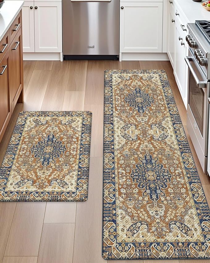 DEXI Kitchen Mats for Floor Cushioned, 23x35+23x59 Extra Large Runner Rug Non Slip, Waterproof Soft Comfort Standing Padded Anti Fatigue Decorative Set of 2, Brown Beige