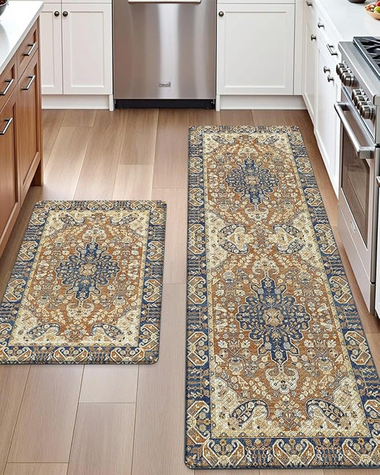 DEXI Kitchen Mats for Floor Cushioned, 23x35+23x59 Extra Large Runner Rug Non Slip, Waterproof Soft Comfort Standing Padded Anti Fatigue Decorative Set of 2, Brown Beige