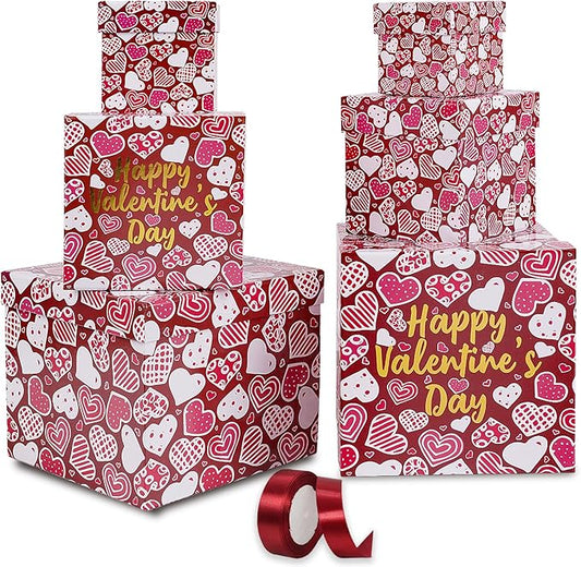 JWSCYSY 6PCS Valentine's Day Nesting Gift Boxes with Lid, Square Gift Boxes with Ribbon, Decorative Boxes Assorted Size for Valentine's Day Presents Wrapping, Party Favor Boxes (Red)