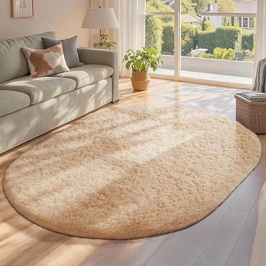 Ophanie 4x6 Oval Beige Rugs for Bedroom Living Room, Fluffy Fuzzy Furry Carpet, Plush Soft Shaggy Bedside Indoor Floor Area Rug for Kids Girls Boys Baby Teen Dorm Nursery Home Decor Aesthetic