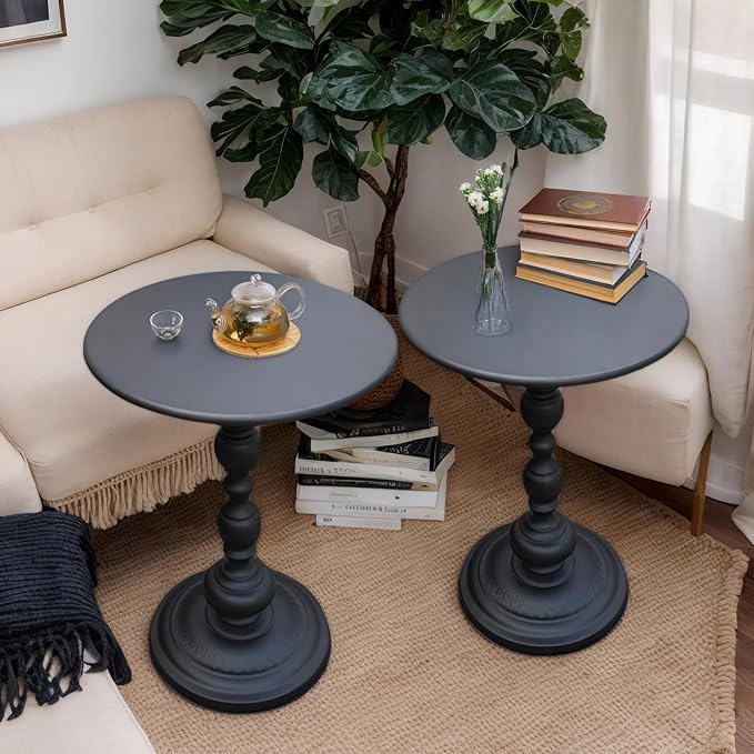 Benkyo Set of 2 Black Pedestal Round Side End Table，Small Metal Vintage Tables Iron Drink Table Circle Cocktail Table Coffee Table for Living Room Bedroom Samll Spaces